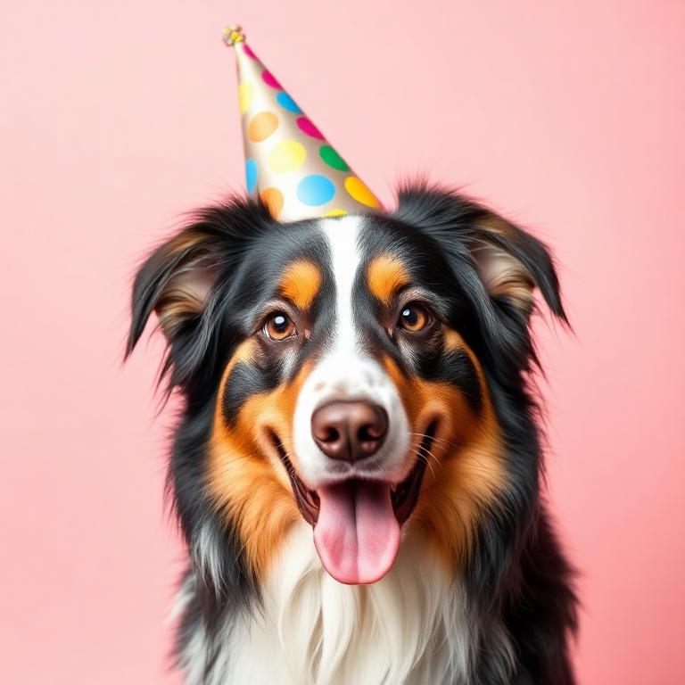Australian Shepherd wearing a party hat