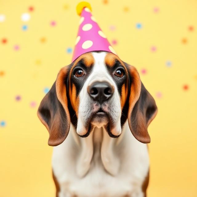 Basset Hound wearing a party hat