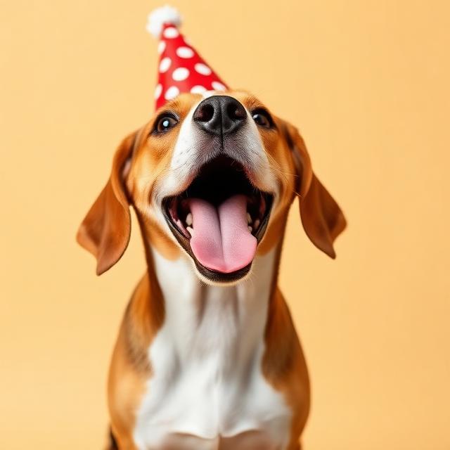 Beagle wearing a party hat