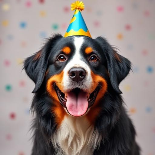 Bernese Mountain Dog wearing a party hat