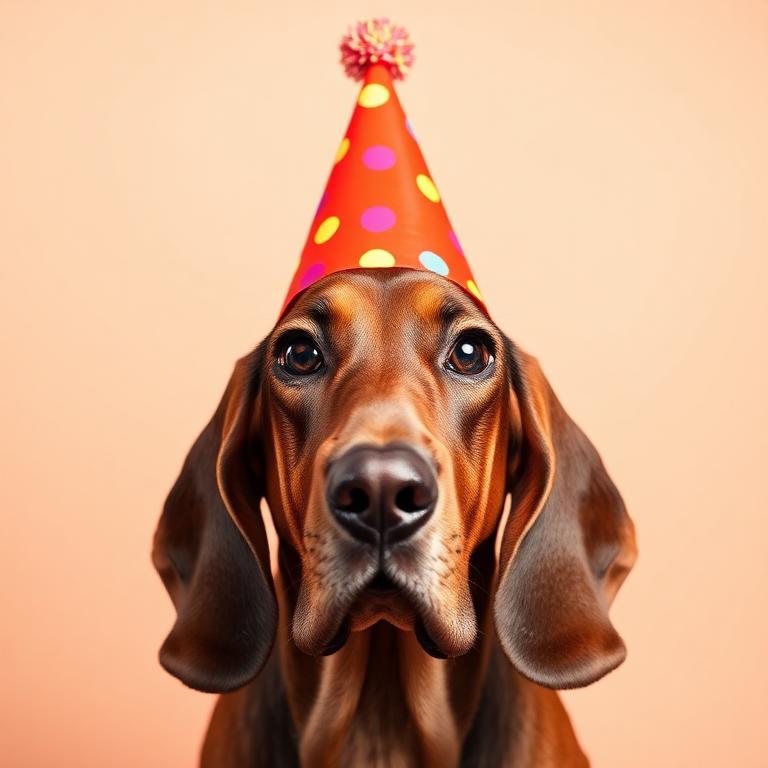 Bloodhound wearing a party hat