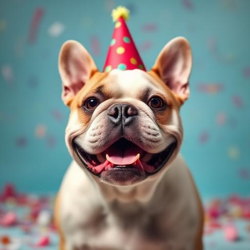 English Bulldog wearing a party hat