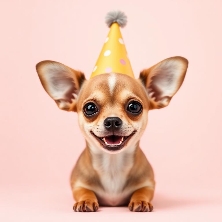 Chiweenie wearing a party hat