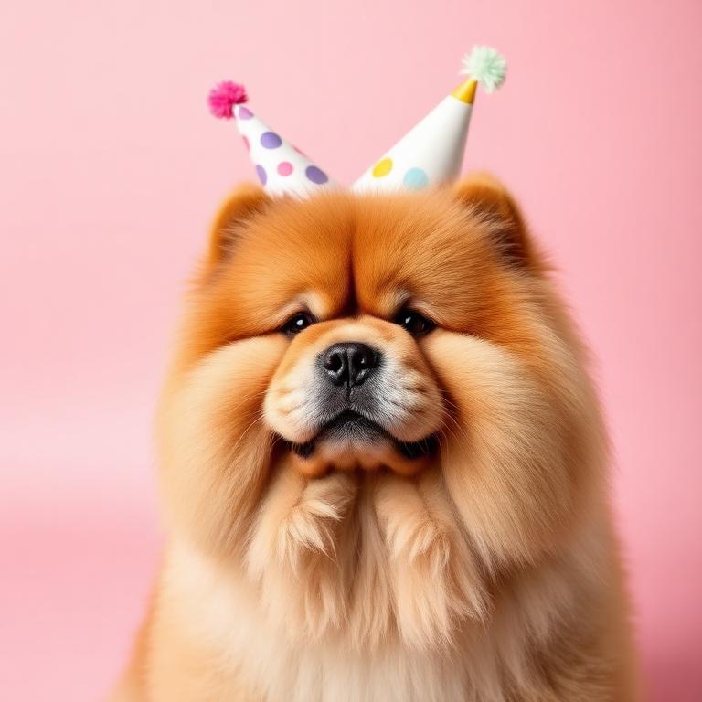 Chow Chow wearing a party hat