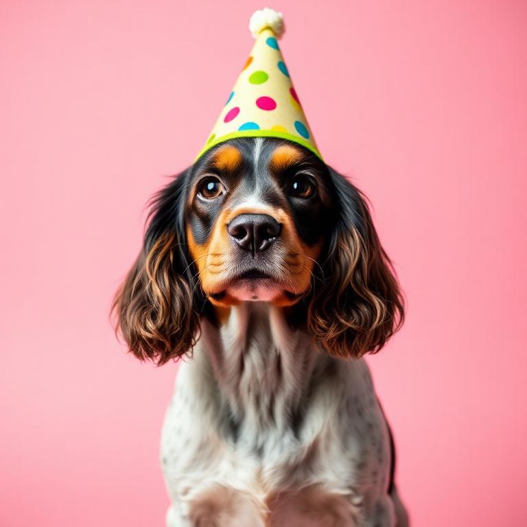 Cocker Spaniel wearing a party hat