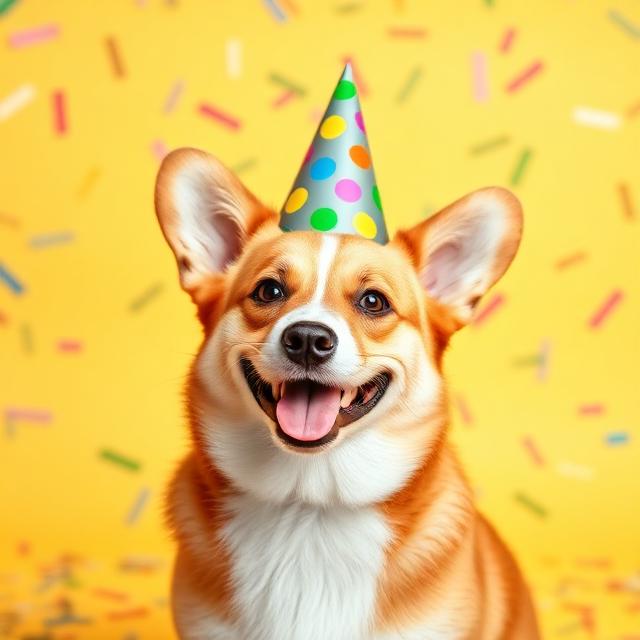 Corgi wearing a party hat
