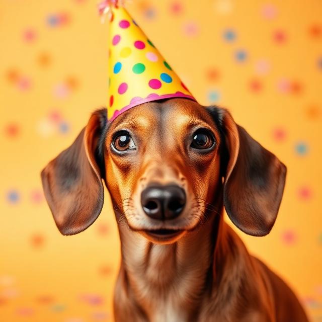 Dachshund wearing a party hat