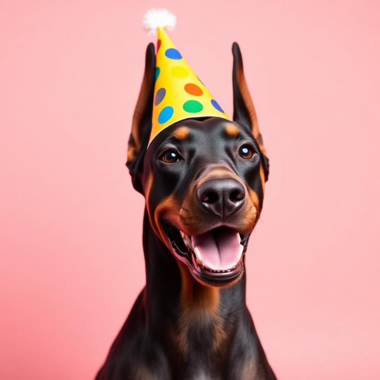 Doberman Pinscher wearing a party hat