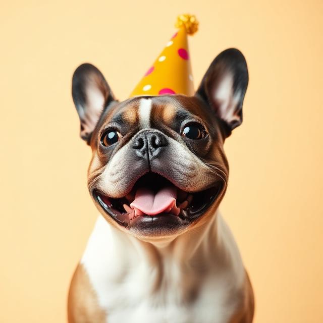 French Bulldog wearing a party hat