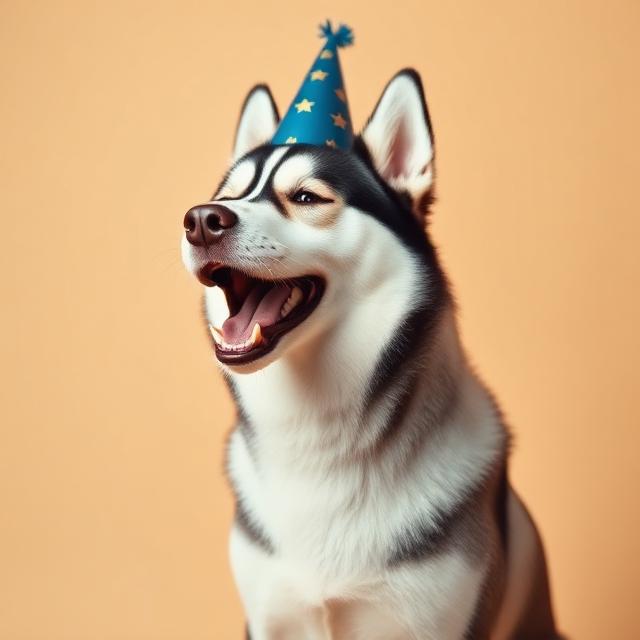 Siberian Husky wearing a party hat