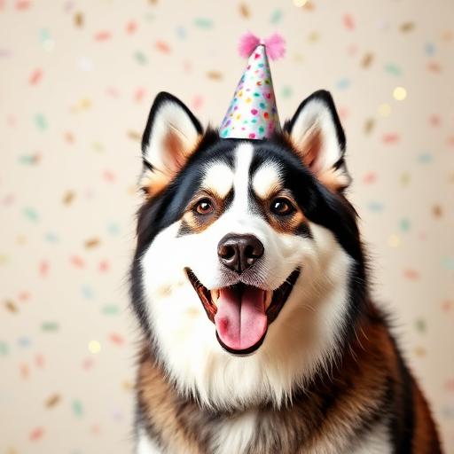 Alaskan Malamute wearing a party hat
