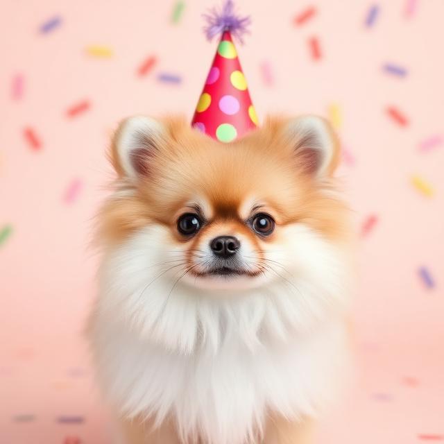 Pomeranian wearing a party hat