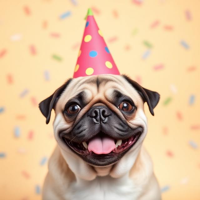 Pug wearing a party hat