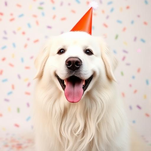 Great Pyrenees wearing a party hat
