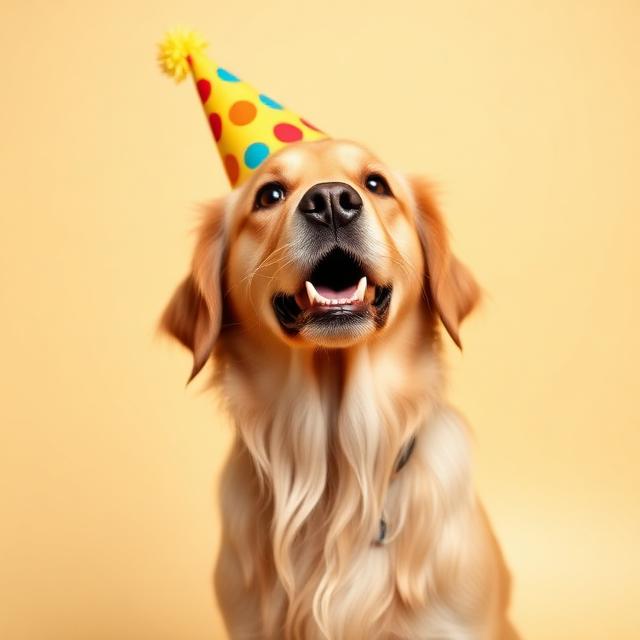 Golden Retriever wearing a party hat