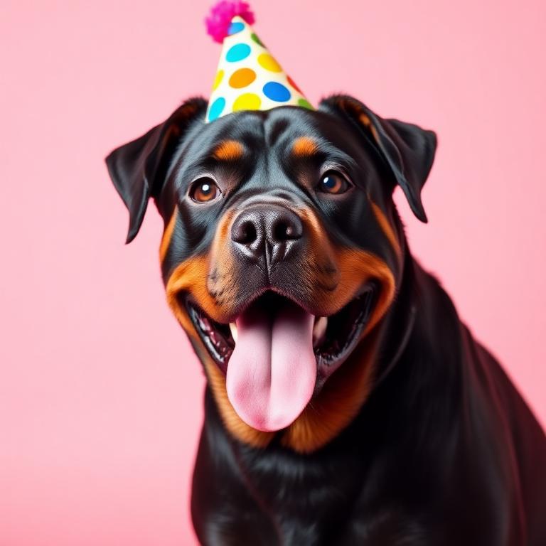 Rottweiler wearing a party hat