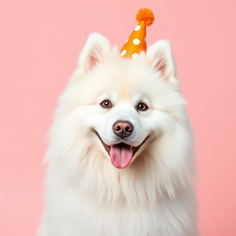 Samoyed wearing a party hat