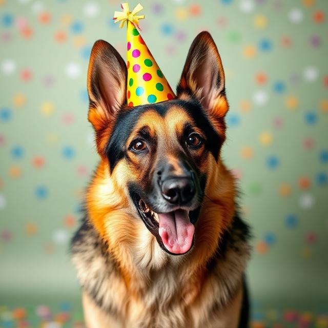 German Shepherd wearing a party hat