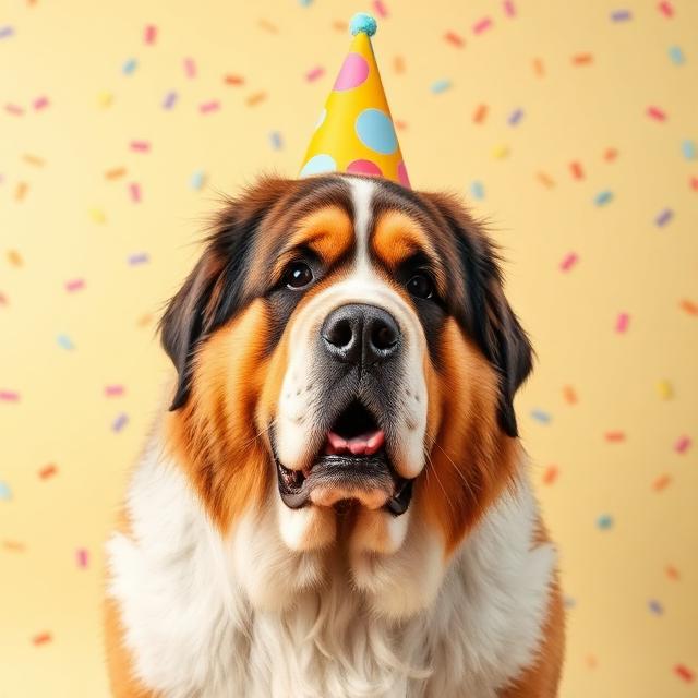 Saint Bernard wearing a party hat
