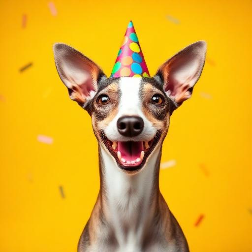 Whippet wearing a party hat